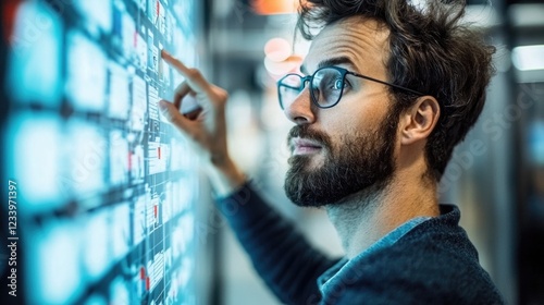 Young professional analyzing data on a digital display