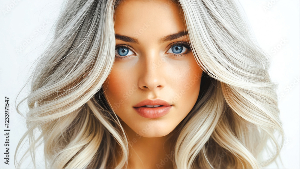 Portrait of a beautiful young woman with blue eyes and silver hair. The model poses in front of the camera close-up.