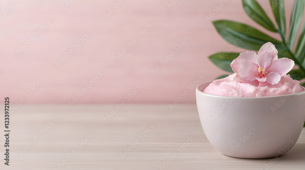 Pink facial cream in bowl, spa setting, flower Pink facial cream in bowl, spa setting, flower