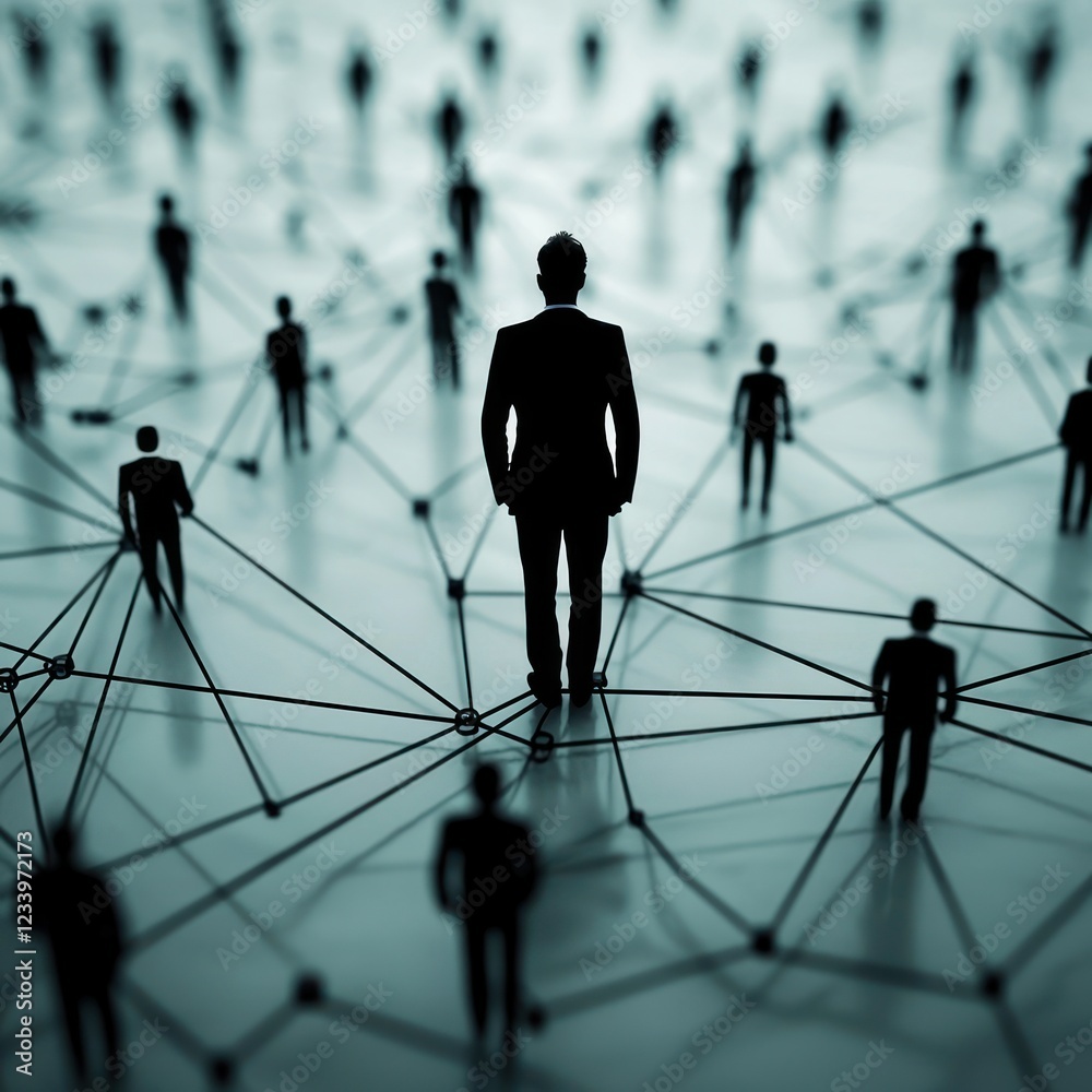 Businessman Overlooking Network of Connected Silhouetted Figures Businessman Overlooking Network of Connected Silhouetted Figures