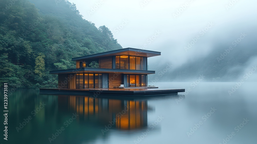 Fototapeta premium Serene Lake House in Misty Mountains: A Modern Architectural Gem