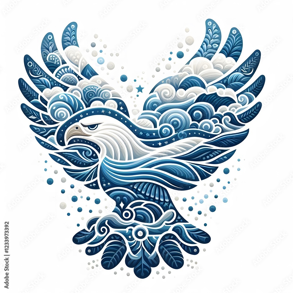 Fototapeta premium AI Generate of Eagle or Hawk Shape Art Silhouette with Natural Element such as Wind, Tree, Water, Animal, Wood, Sun, Moon, isolate in white