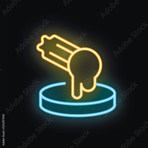 Neon glowing icon of a churro dipping in chocolate sauce on a plate