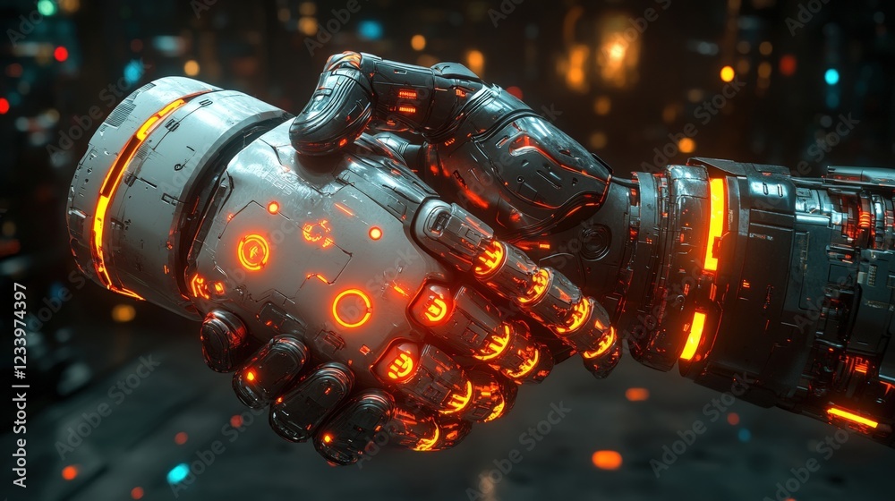 Robot holding a glowing object in a futuristic setting with bright lights and technology elements Robot holding a glowing object in a futuristic setting with bright lights and technology elements