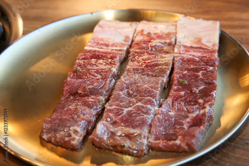 Korean traditional BBQ food. raw beef ribs photo