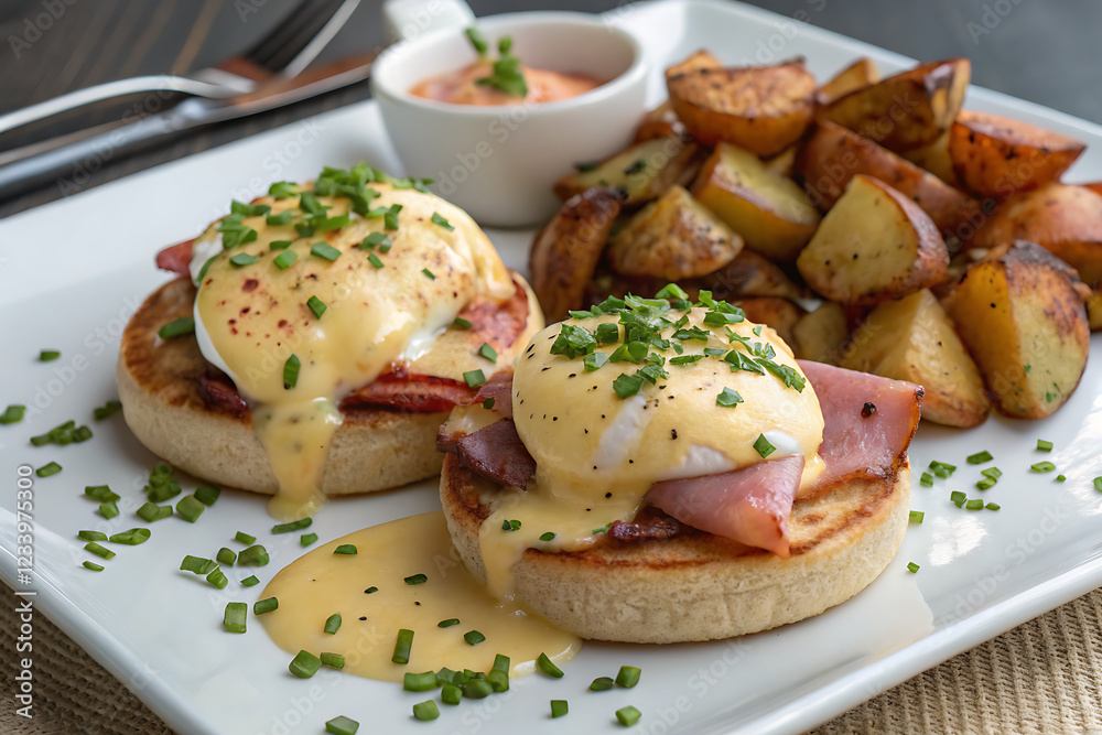 perfectly plated eggs Benedict, with two poached eggs resting on toasted English muffins and Canadian bacon, smothered in creamy hollandaise sauce. perfectly plated eggs Benedict, with two poached eggs resting on toasted English muffins and Canadian bacon, smothered in creamy hollandaise sauce.