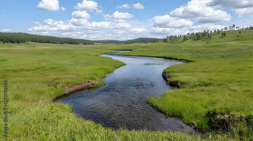 River meandering through grassy plains under a partly cloudy sky; landscape photography for travel brochures River meandering through grassy plains under a partly cloudy sky; landscape photography for travel brochures