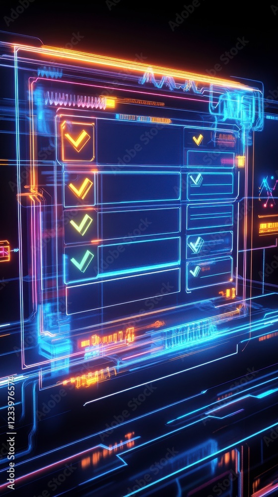 Fototapeta premium A glowing, futuristic interface displays checkboxes with colorful indicators, suggesting digital task completion in a high-tech environment.