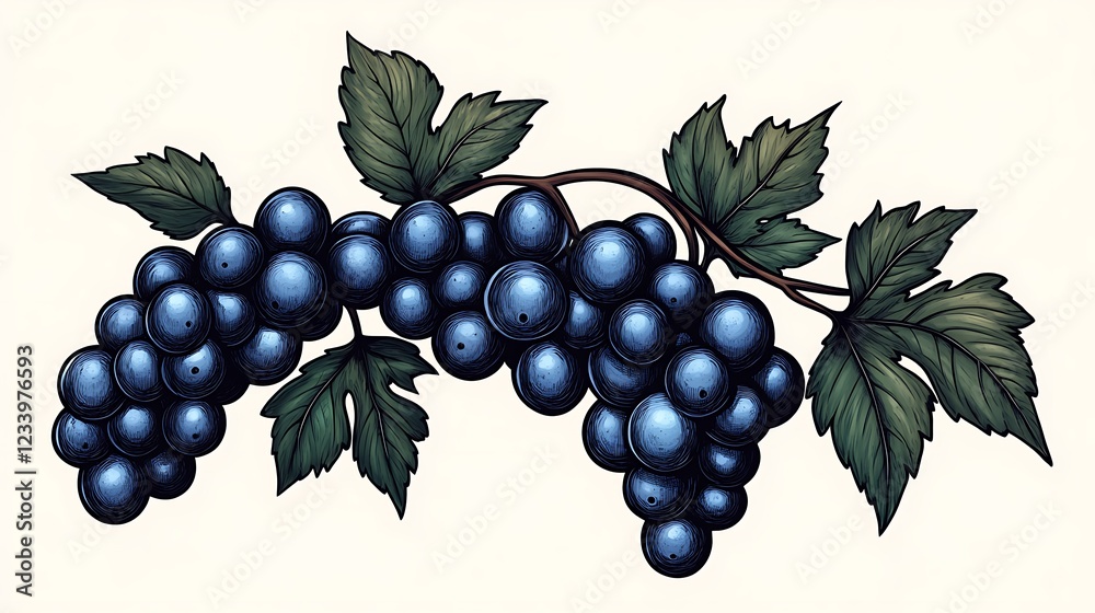 Obraz premium A bunch of fresh blue grapes with leaves isolated on white background