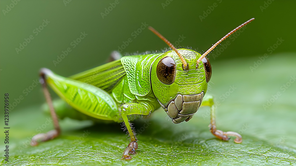 Green grasshopper on leaf, nature close-up Green grasshopper on leaf, nature close-up