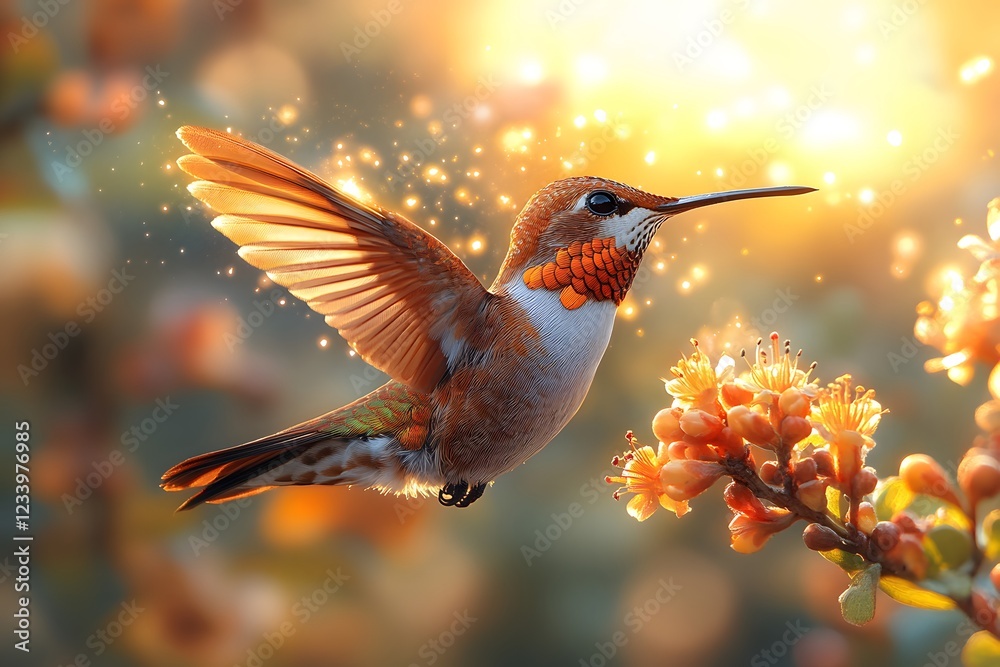 Fototapeta premium Hummingbird in Golden Light: Nature's Elegance and Delicate Balance