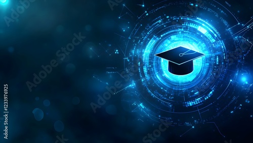 Futuristic education technology concept with digital graduation cap and virtual interface