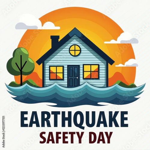 Vector Illustration: Earthquake Safety Day Poster - House Amidst Water, Tree, and Sunlit Sky