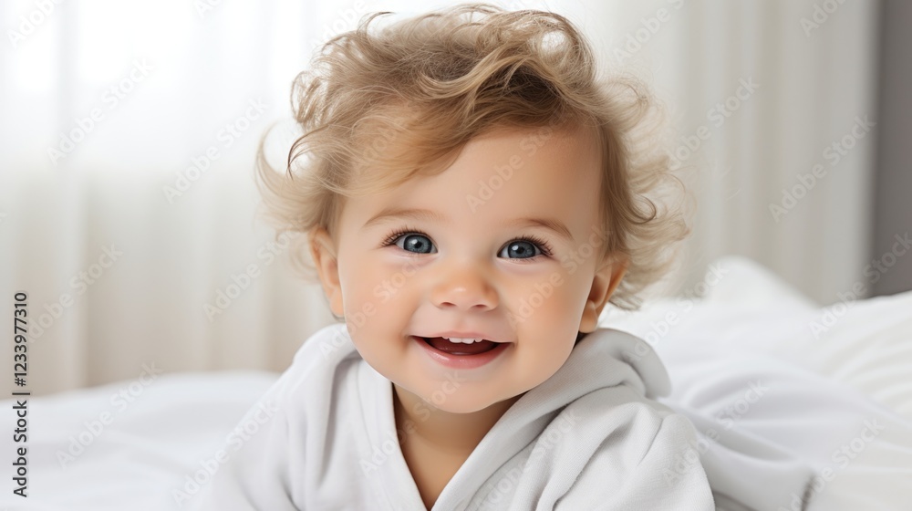 Adorable baby with curly hair and bright smile indoors Adorable baby with curly hair and bright smile indoors