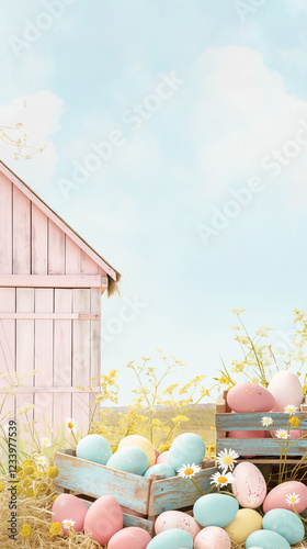 Easter eggs in the backyard, vertical background, sunny day