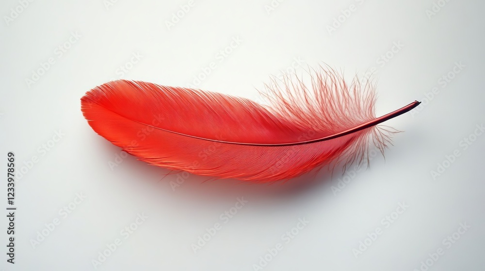 Single Vibrant Red Feather on White Background Soft Light Airy Delicate Single Vibrant Red Feather on White Background Soft Light Airy Delicate