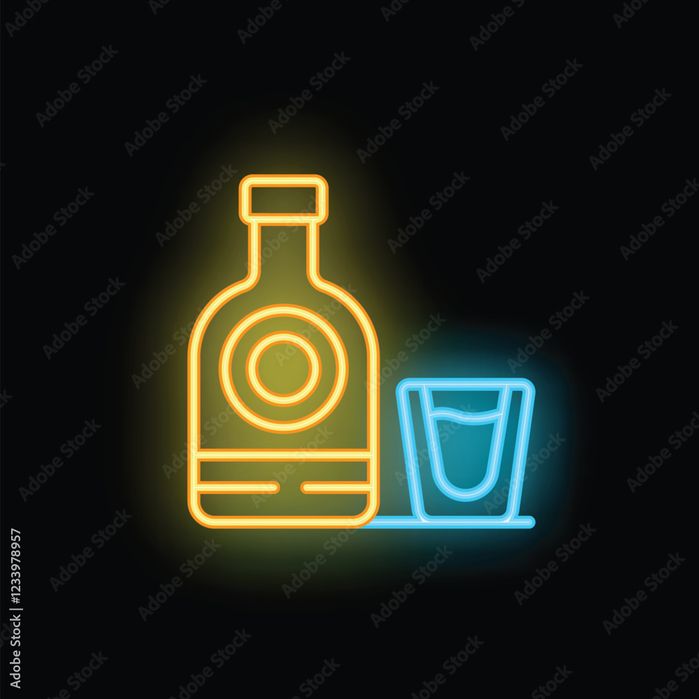 Neon sign showing a yellow bottle and blue shot glass on a black background Neon sign showing a yellow bottle and blue shot glass on a black background