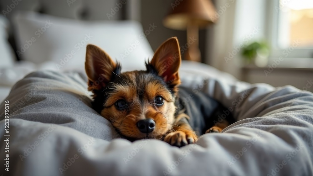 small yorkshire terrier lying on bed small yorkshire terrier lying on bed