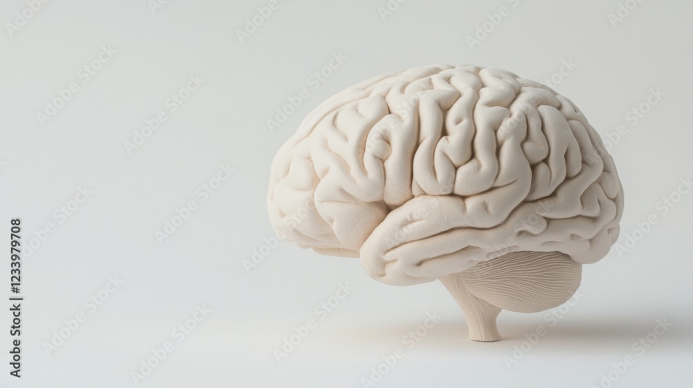 Close-up of a detailed human brain model with natural wrinkles and fading colors, representing the aging process, placed on a clean white background with ample space for text. Concept of neuroscience Close-up of a detailed human brain model with natural wrinkles and fading colors, representing the aging process, placed on a clean white background with ample space for text. Concept of neuroscience