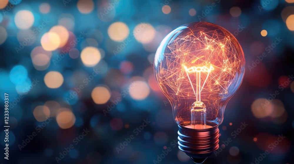 An abstract glowing light bulb with a network of startup ideas and innovation flow, copy space. An abstract glowing light bulb with a network of startup ideas and innovation flow, copy space.