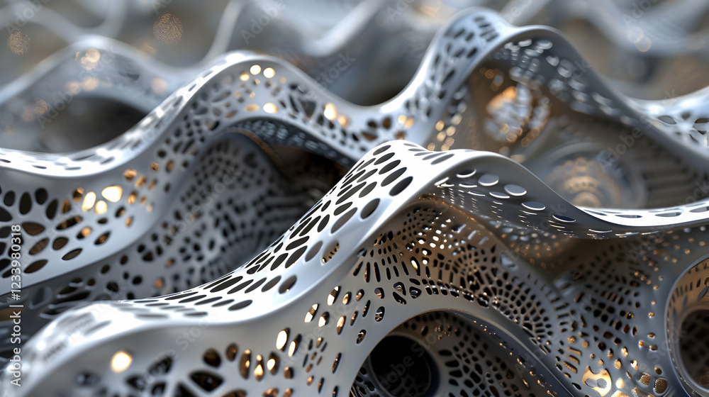 Abstract 3D structure with intricate patterns and curves, showcasing design and material aesthetics.