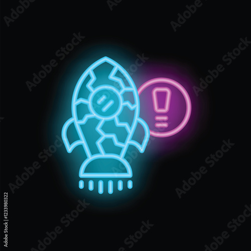Neon style icon of a damaged spaceship with smoke coming from its nosecone warning of a rocket crash