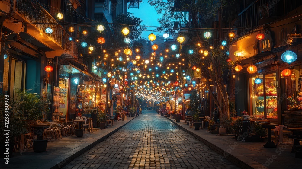 Enchanting Night Street in Asia: Illuminated Alleyway with Colorful Lanterns Enchanting Night Street in Asia: Illuminated Alleyway with Colorful Lanterns