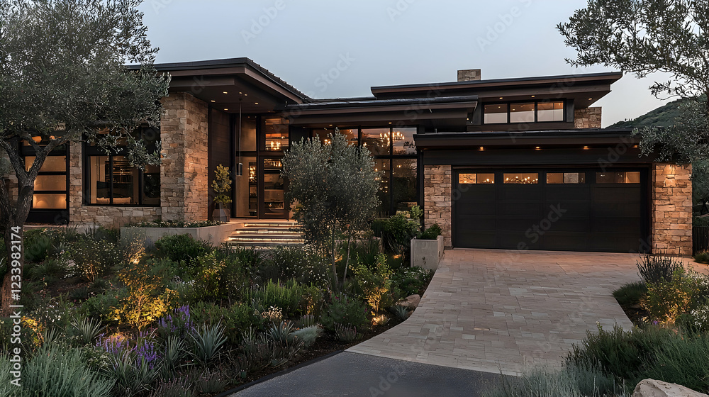 Modern stone house, twilight, landscaped garden, driveway Modern stone house, twilight, landscaped garden, driveway