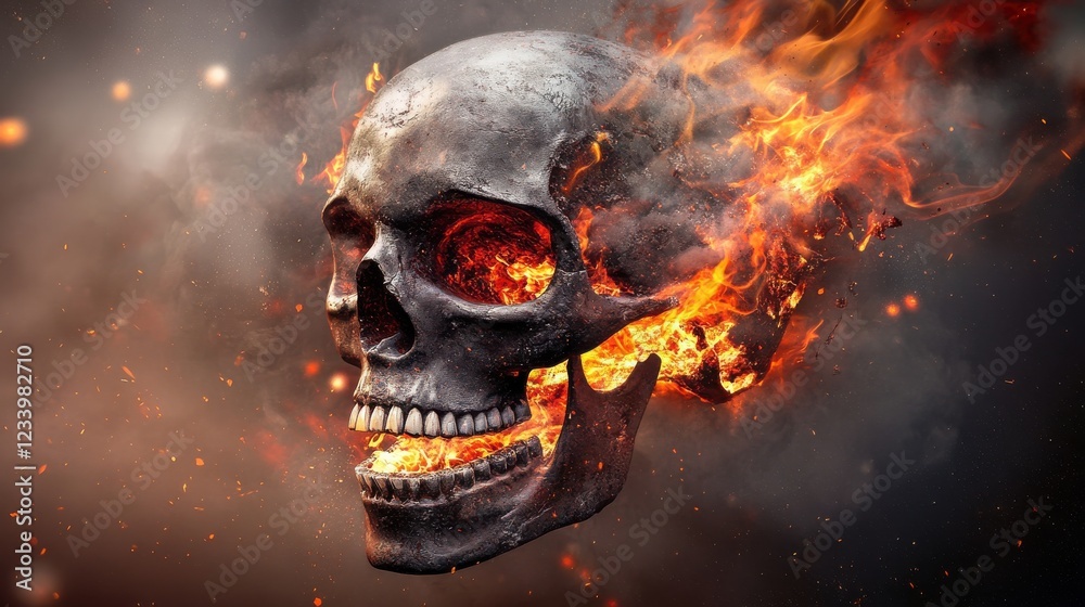 Burning Skull Embraces Fire and Smoke in a Dark Fantasy Scene Burning Skull Embraces Fire and Smoke in a Dark Fantasy Scene