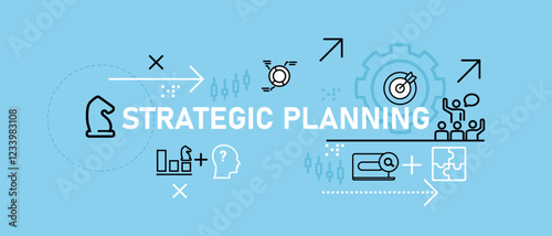 Strategic Planning conceptual idea business forecast analyzing progress plan data information financial work company job strategy design icon outline set collection