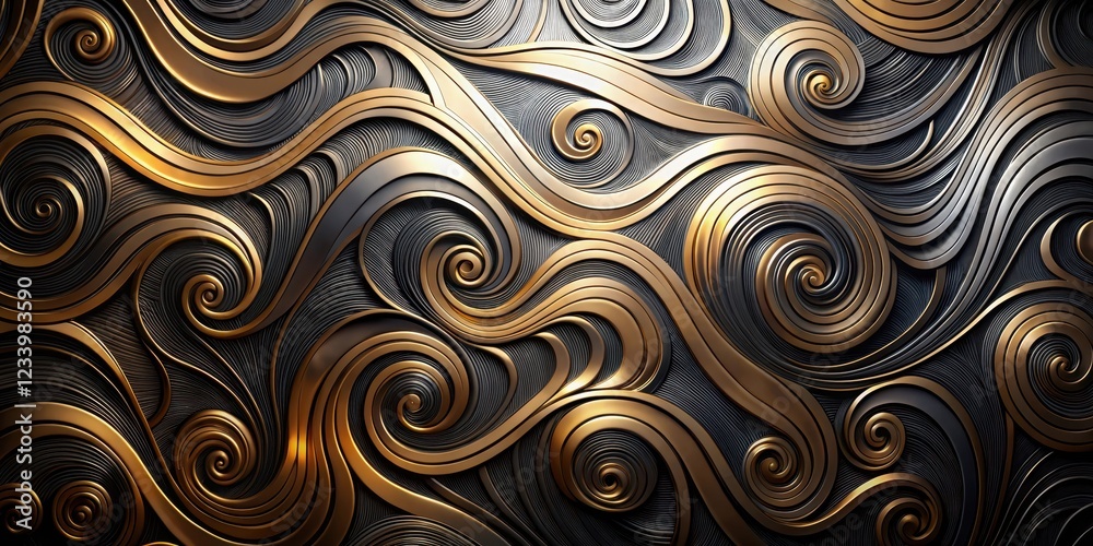 Dark metallic background with swirling patterns of silver and gold , ambient atmosphere, industrial style Dark metallic background with swirling patterns of silver and gold , ambient atmosphere, industrial style