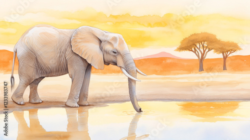 Elephant by a Waterhole at Sunset. Design a serene scene of an elephant standing near a watering hole during sunset. The golden light from the setting sun reflects on the water's s photo