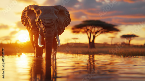 Elephant by a Waterhole at Sunset. Design a serene scene of an elephant standing near a watering hole during sunset. The golden light from the setting sun reflects on the water's s photo