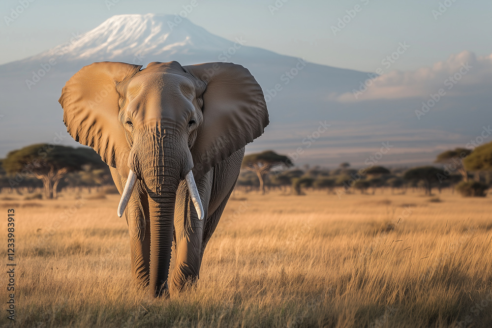 Obraz premium African Elephant Bull in Amboseli National Park, Kenya: Walking Across the Savanna Illustrate an African elephant bull (Loxodonta africana) walking calmly across the savanna of Amb