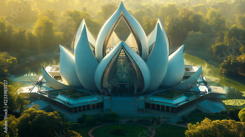Visualize the Lotus Temple and its unique lotus-shaped architecture, captured from the sky with its serene surroundings in South Delhi photo