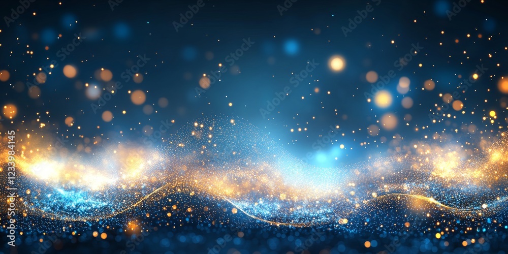Obraz premium Abstract Background, Golden And Blue Particles Waving With Bokeh Effect, 3D Illustration