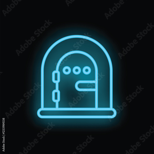 Neon blue icon of a mysterious arched doorway, glowing brightly against a dark background