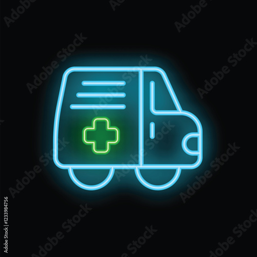 Glowing neon ambulance sign illuminating a dark background