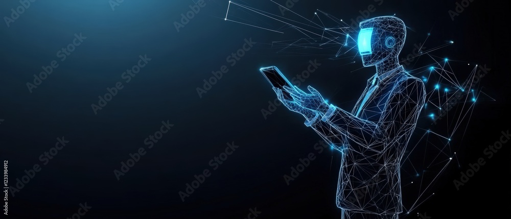 Naklejka premium Man in a suit using a smartphone while standing in a modern office environment