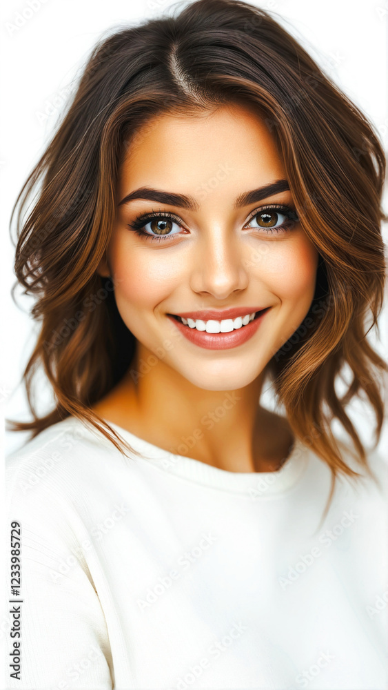 Portrait of a young charming beauty with beautiful big eyes and long hair. The model poses in front of the camera on a white background Portrait of a young charming beauty with beautiful big eyes and long hair. The model poses in front of the camera on a white background