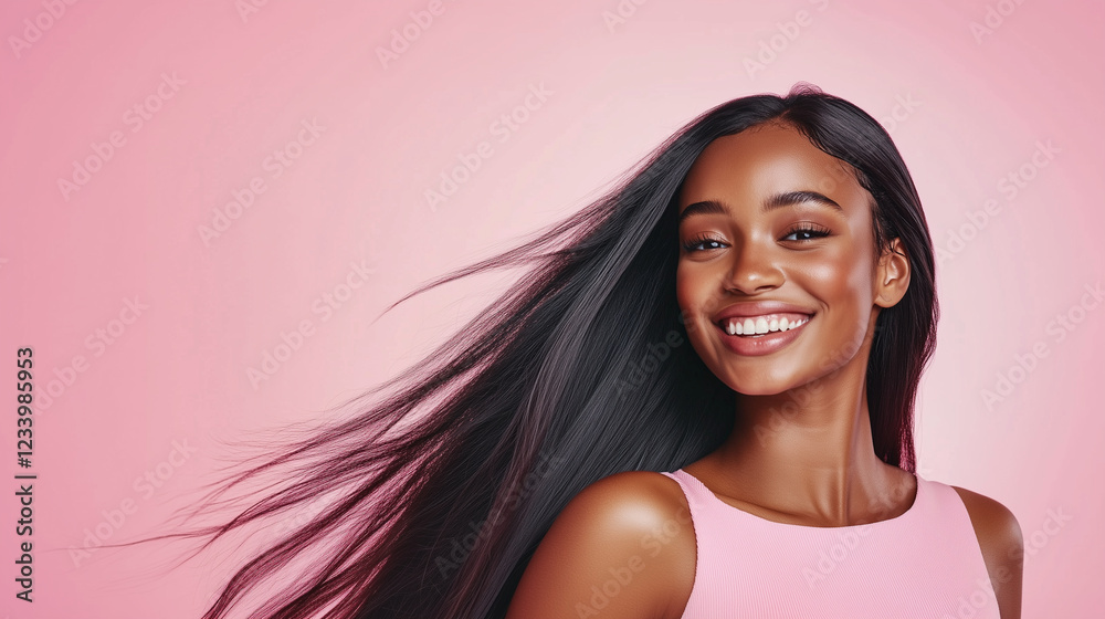 Fototapeta premium A young woman with sleek, long black hair joyfully smiles, wearing a soft pink dress. Her hair flows beautifully, contrasting against the delicate pink tones of her outfit, radiati