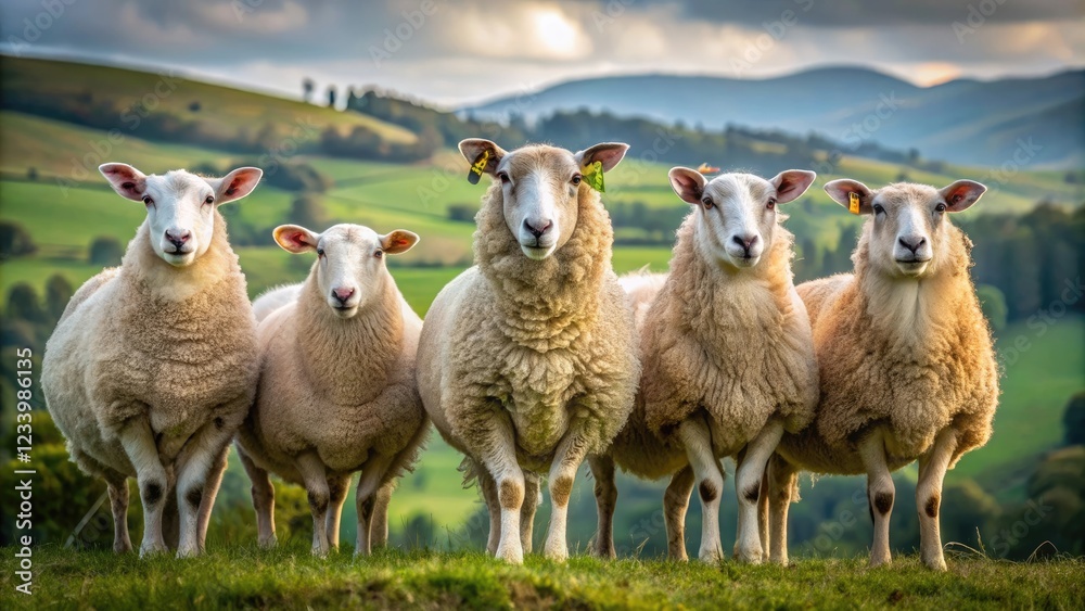 Fototapeta premium Sheep standing together in a greenery and hills, showcasing their woolly coats and curious expressions in a peaceful rural environment.