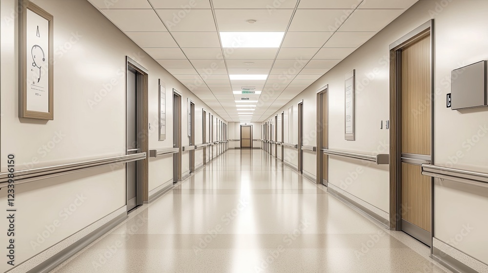 A hospital corridor leading to a series of patient rooms, with clean walls and floors, providing ample space for healthcare-related branding. A hospital corridor leading to a series of patient rooms, with clean walls and floors, providing ample space for healthcare-related branding.