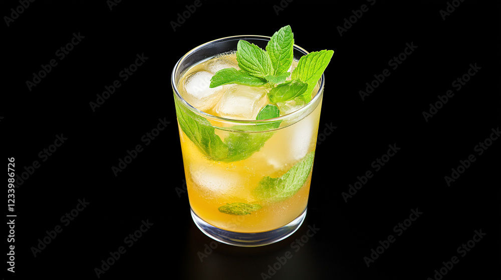 Overhead view of vibrant mojito cocktail served in rocks glass, garnished with mint and ice cubes, creating refreshing summer beverage