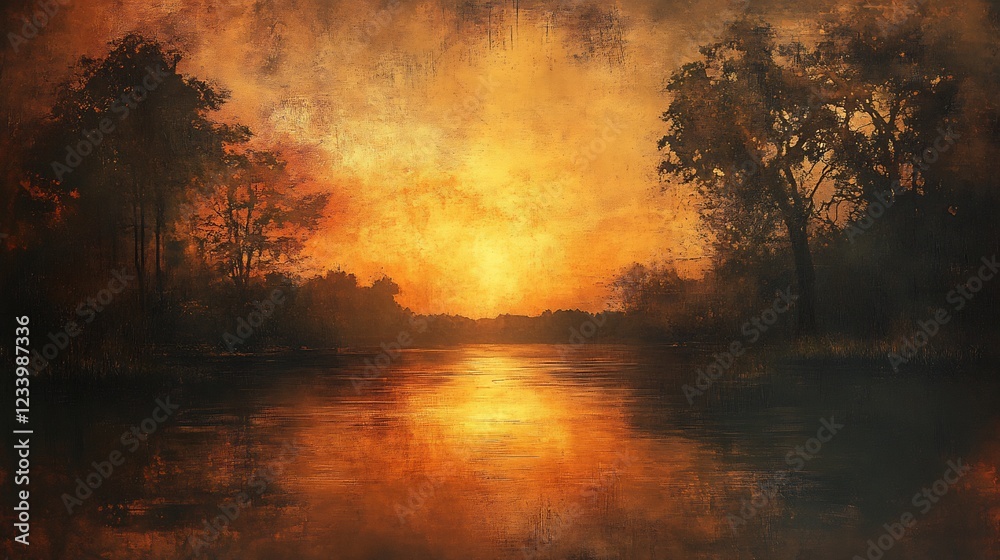 Obraz premium Golden sunset calmly reflects on still water trees silhouetted against vibrant sky. AI Generated