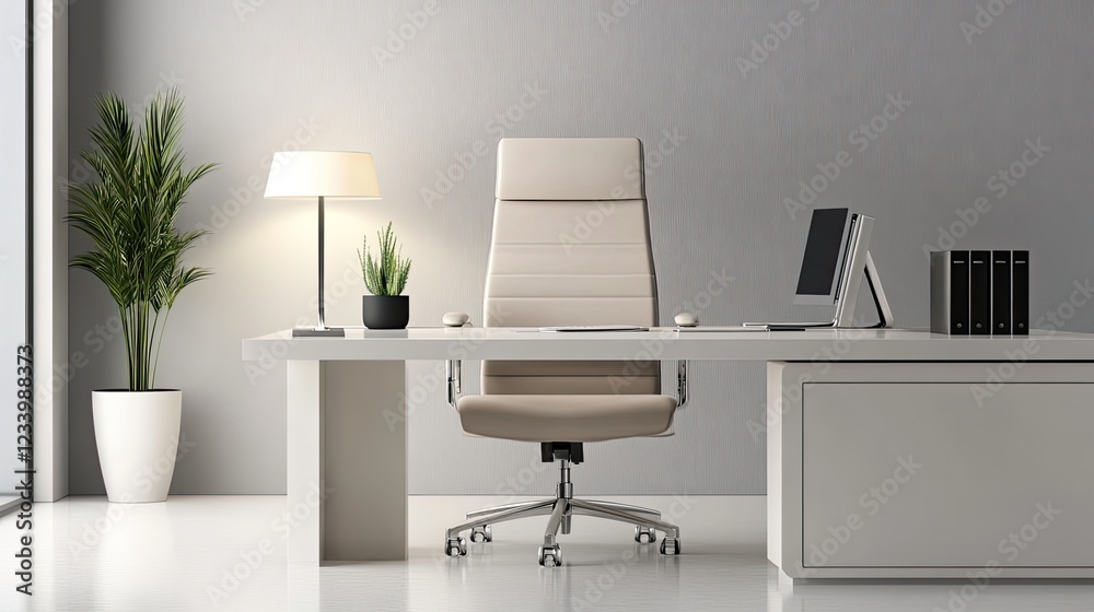 Fototapeta premium A modern office with a comfortable chair, desk lamp, and a neatly organized desk, leaving plenty of room for professional content.