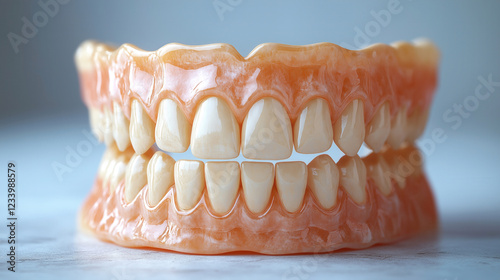 A close-up of a set of full dentures, resting on a light-colored surface photo