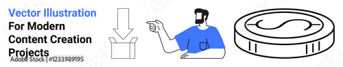 Man pointing to a download icon next to a coin symbolizing content creation, digital resources, and earnings. Ideal for education, banking, e-commerce, finance, tutorials, marketing flat landing