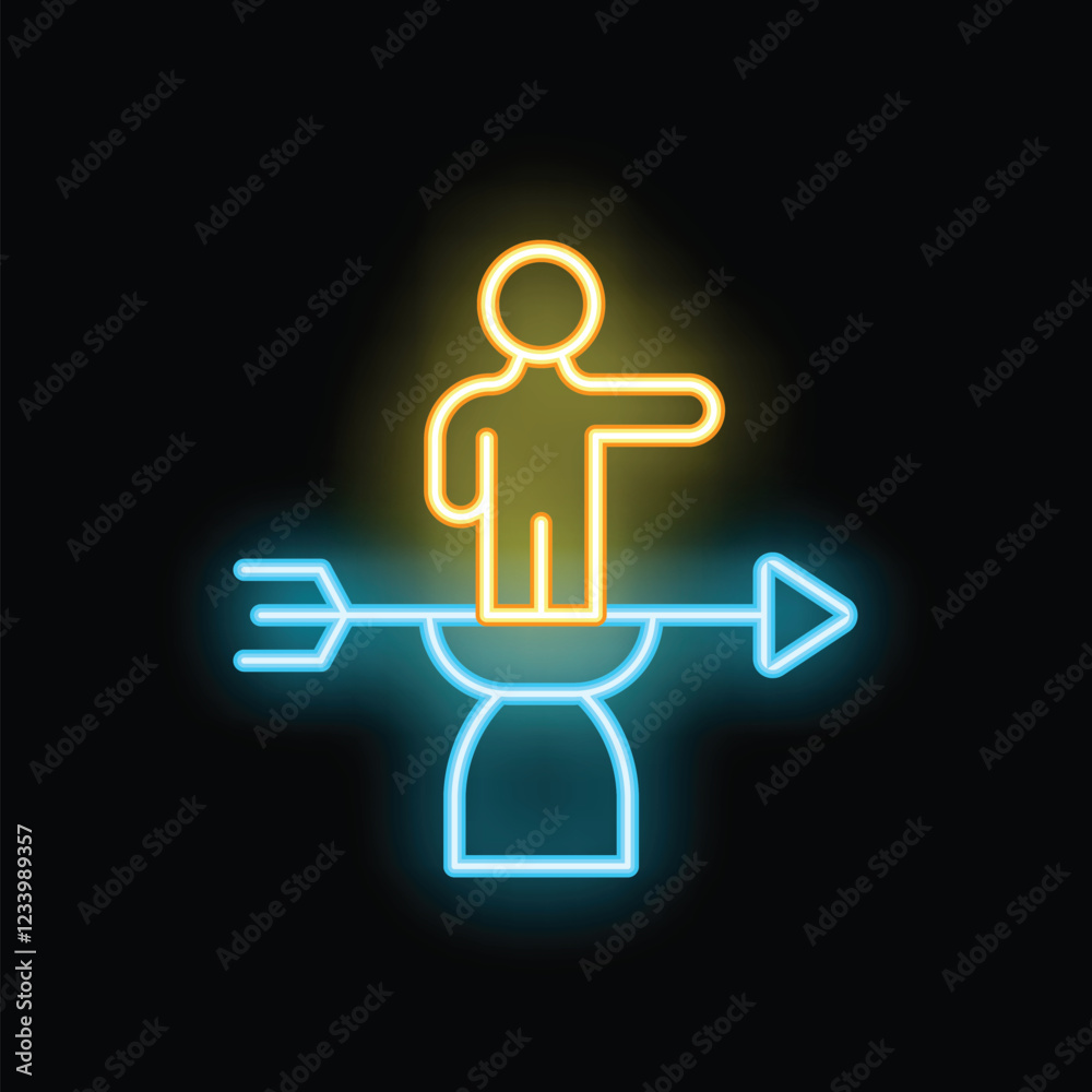 Neon sign of a businessman standing on an arrow pointing up, symbolizing business success Neon sign of a businessman standing on an arrow pointing up, symbolizing business success