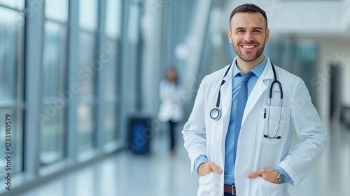 A smiling doctor in a modern clinic, standing with hands in pockets, medical care concept, copy space.